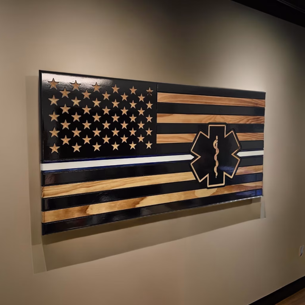 EMS Star of Life Wooden American Flag