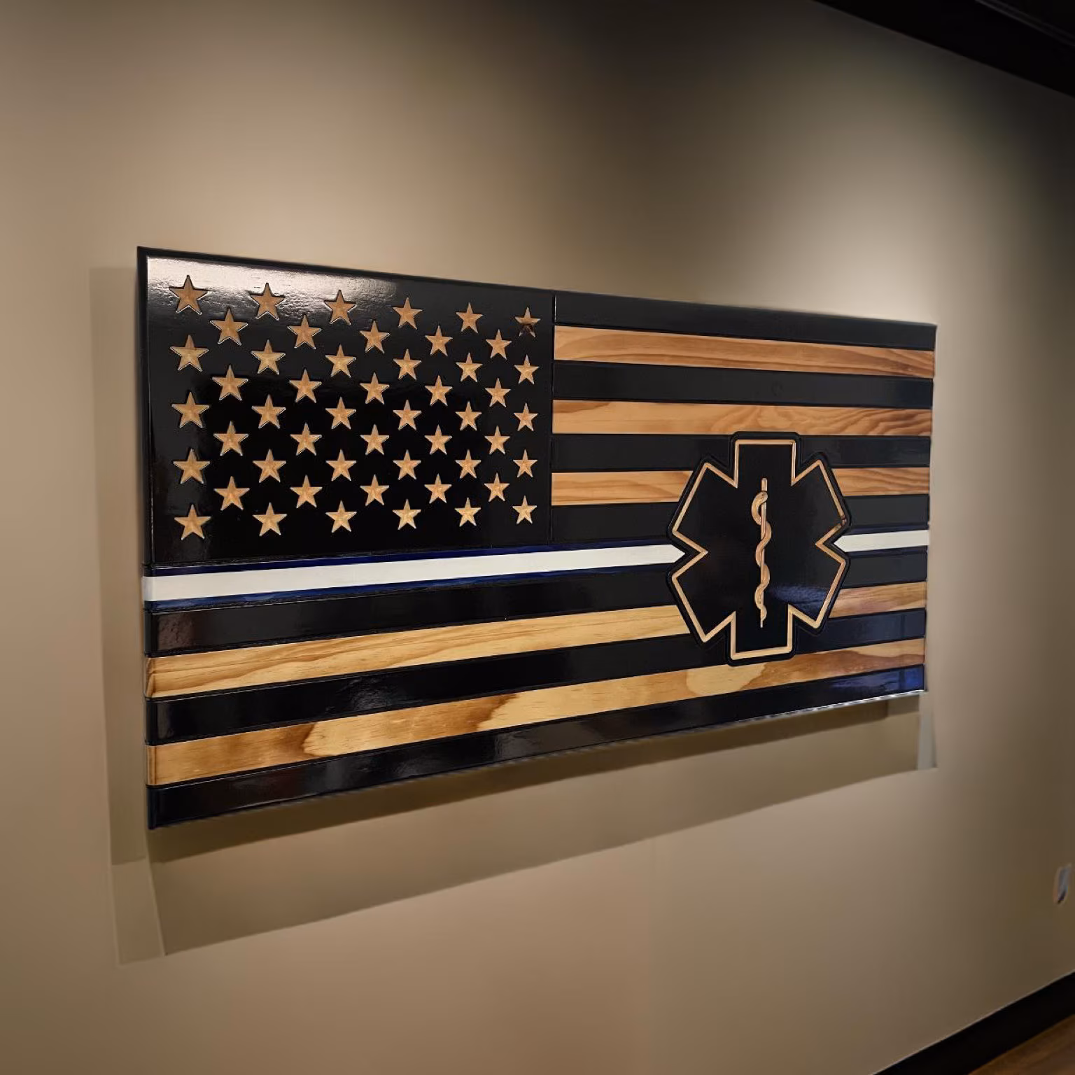 EMS Star of Life Wooden American Flag