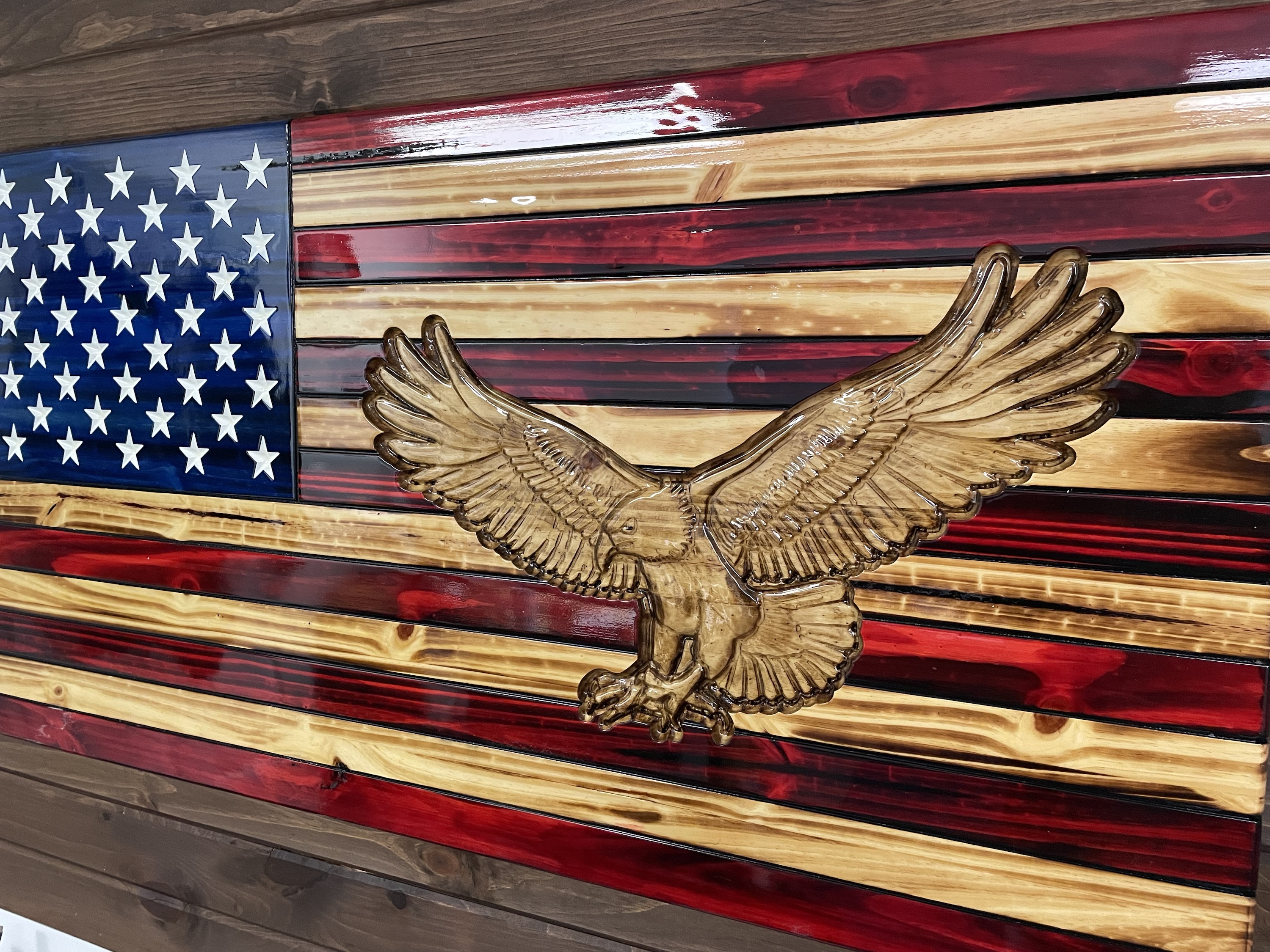Wooden American Flag 3D Eagle Engraved