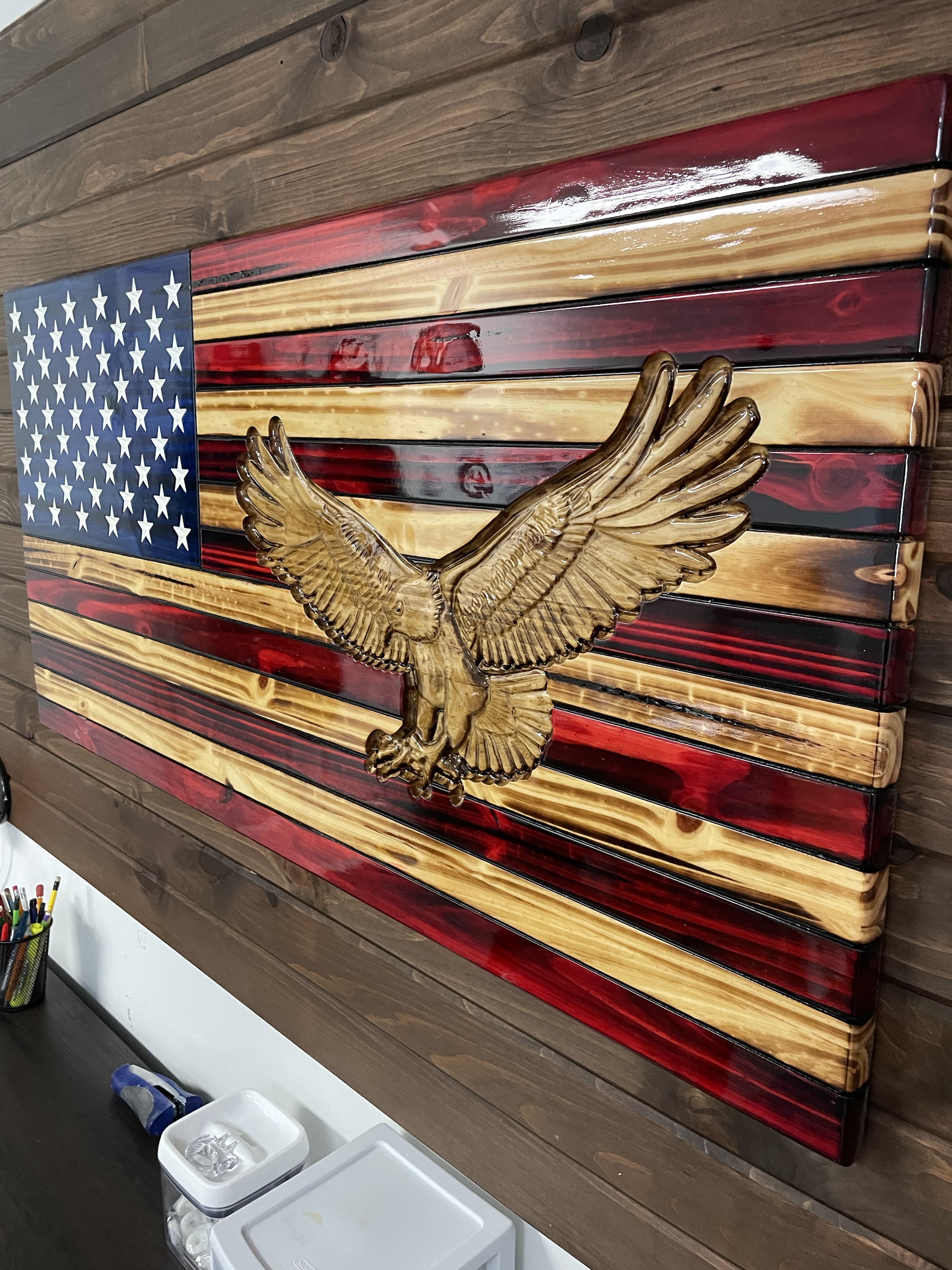 Wooden American Flag 3D Eagle Engraved - Image 2