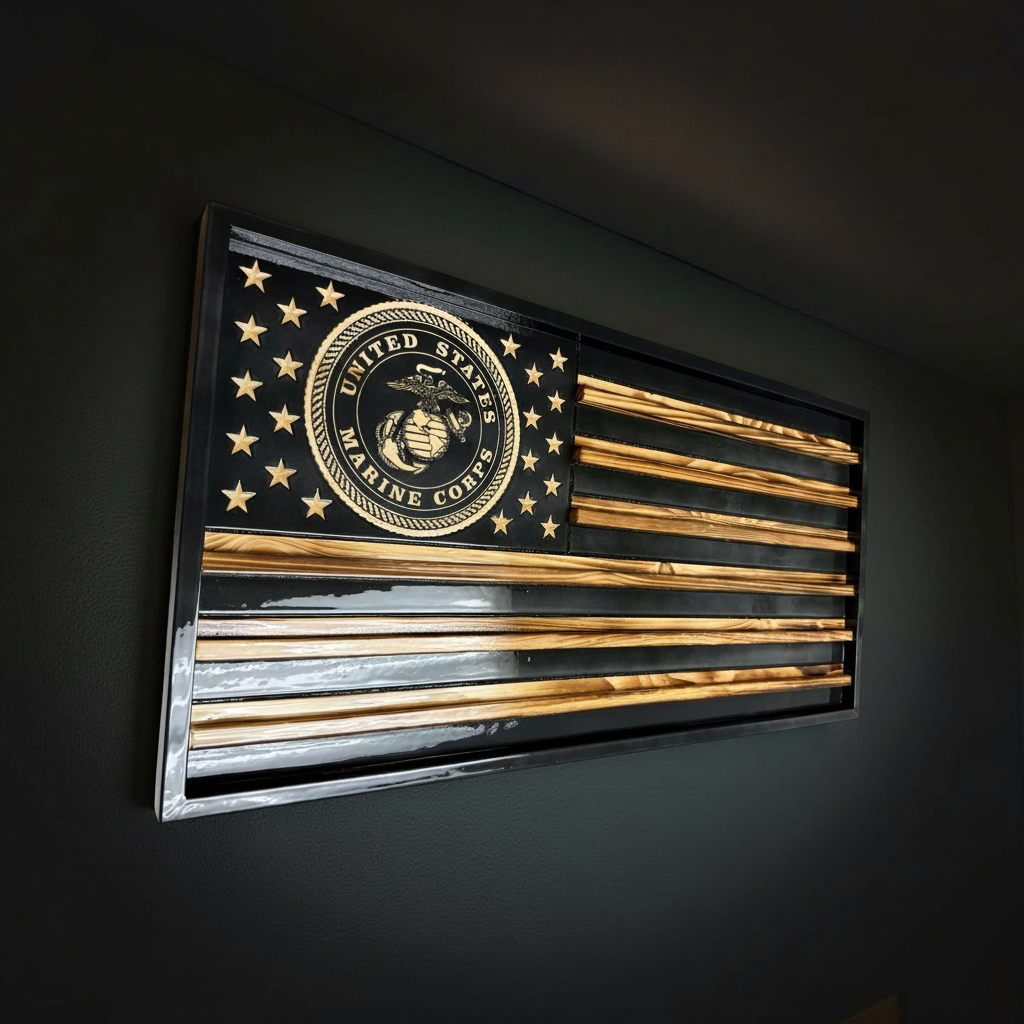 EGA Challenge Coin Display: Marines Black and Natural Wooden American Flag, Military Gift (Licensed)