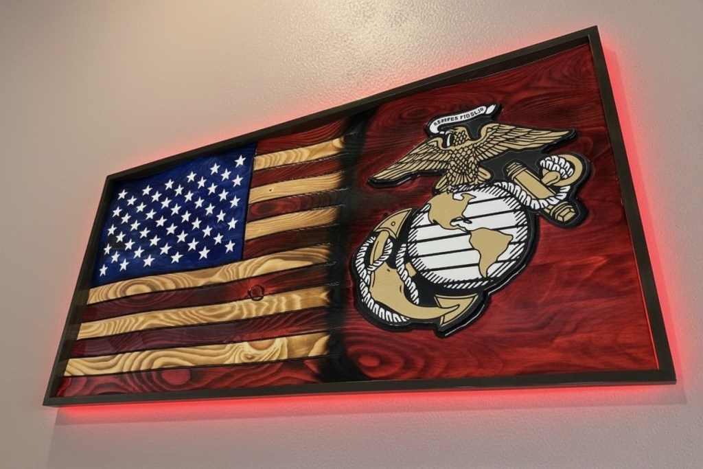 3D Wavy Wooden American Flag with EGA Emblem, Personalizable Rustic Wall Art